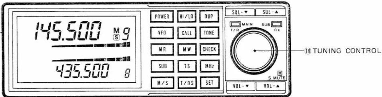 145.500 M g S 9 435.500 θ POWER HI/LO DUP VFD CALL TONE MR MW CHECK SUB TS MHz M/S T/DS SET SOL-▼ SOL-▲ MAIN SUB RX T/R ⑩ TUNING CONTROL S.MUTE VOL-▼ VOL-▲