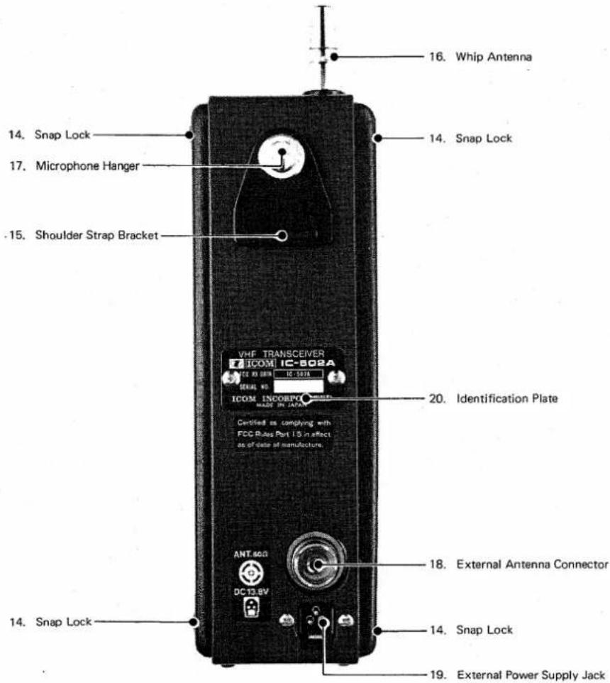 16. Whip Antenna 14. Snap Lock 17. Microphone Hanger 15. Shoulder Strap Bracket VHF TRANSCEIVER ICOM IC-802A SERIAL NO. ICOM INCORPO MADE IN LAFRAN Certified as complying with FCC Rate Part I S in effect as of date of manufacture. 20. Identification Plate 18. External Antenna Connector 14. Snap Lock 19. External Power Supply Jack
