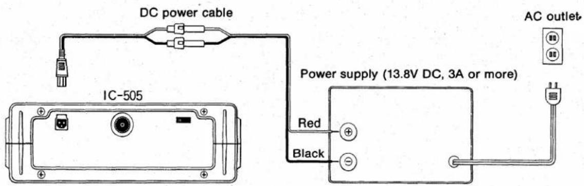 DC power cable IC-505 Power supply (13.8V DC, 3A or more) Red Black AC outlet