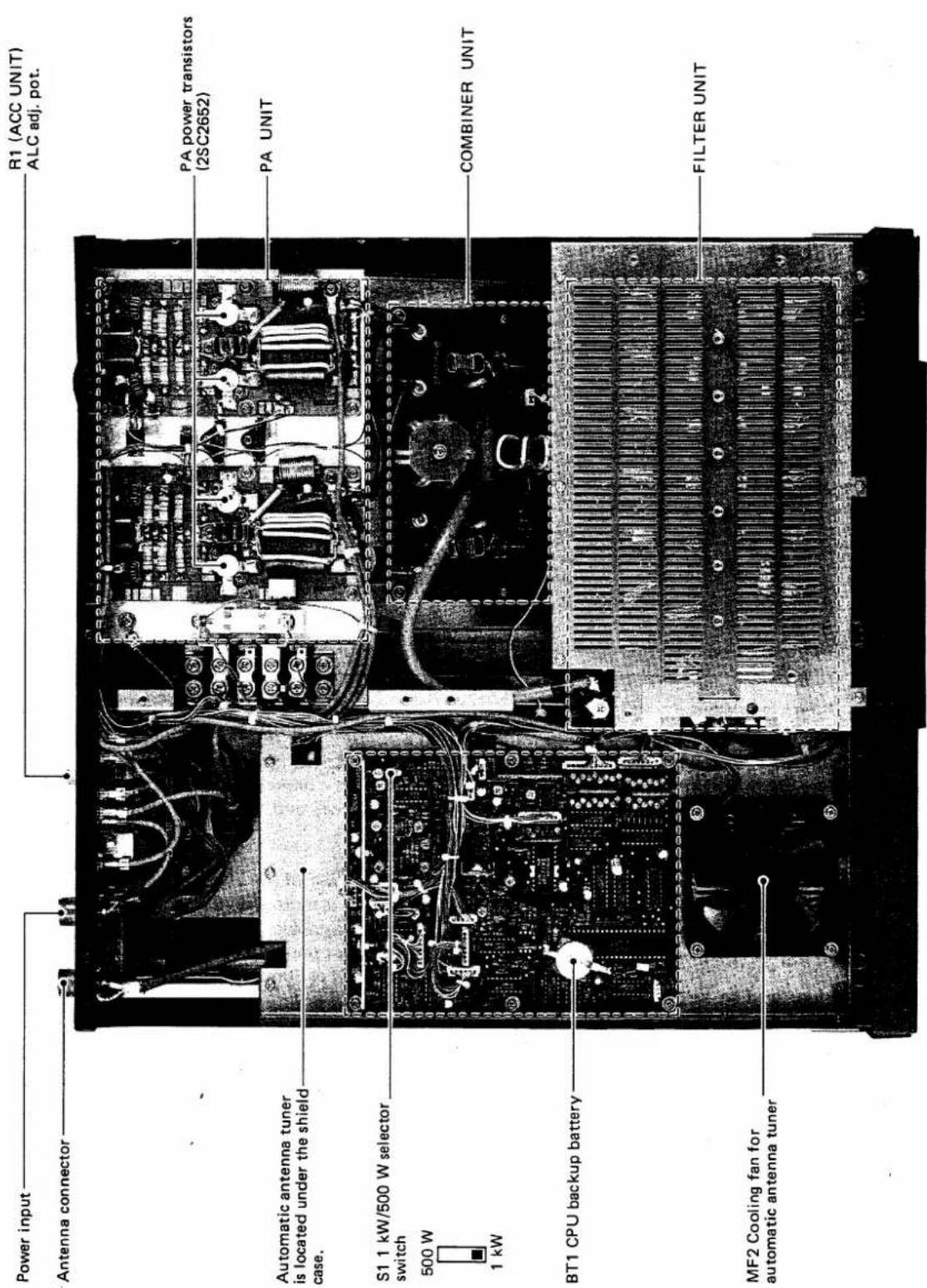 Power input Antenna connector Automatic antenna tuner is located under the shield case. S1 1 kW/500 W selector switch 500 W 1 kW BT1 CPU backup battery MF2 Cooling fan for automatic antenna tuner R1 (ACC UNIT) ALC adj. pot. PA power transistors (2SC2652) PA UNIT COMBINER UNIT FILTER UNIT
