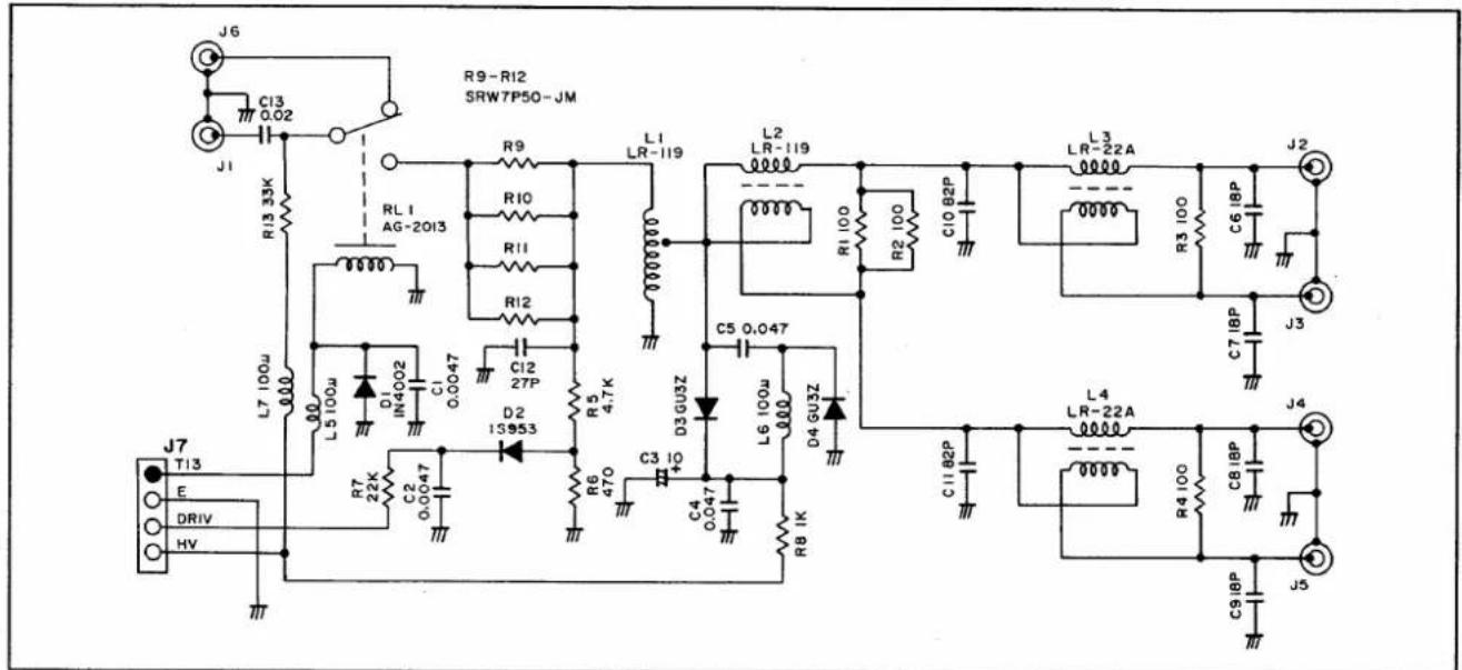 J6 C13 0.02 J1 R13 33K L7 100u 000 RL I AG-2013 D1 IN4002 C1 0.0047 C12 27P D2 13953 R5 4.7K R6 470 C3 10 D3 GU3Z C4 0.047 L6 100u 000 L4 LR-22A C11 82P L3 LR-22A C6 18P R3 100 C7 18P J2 J3 J4 J5 J7 T13 E DRIV HV R9-R12 SRW7P50-JM L1 LR-119 L2 LR-119 R10 R11 R12 L2 L3 L4 C4 10 C5 0.047 D3 GU3Z D4 GU3Z R8 1K