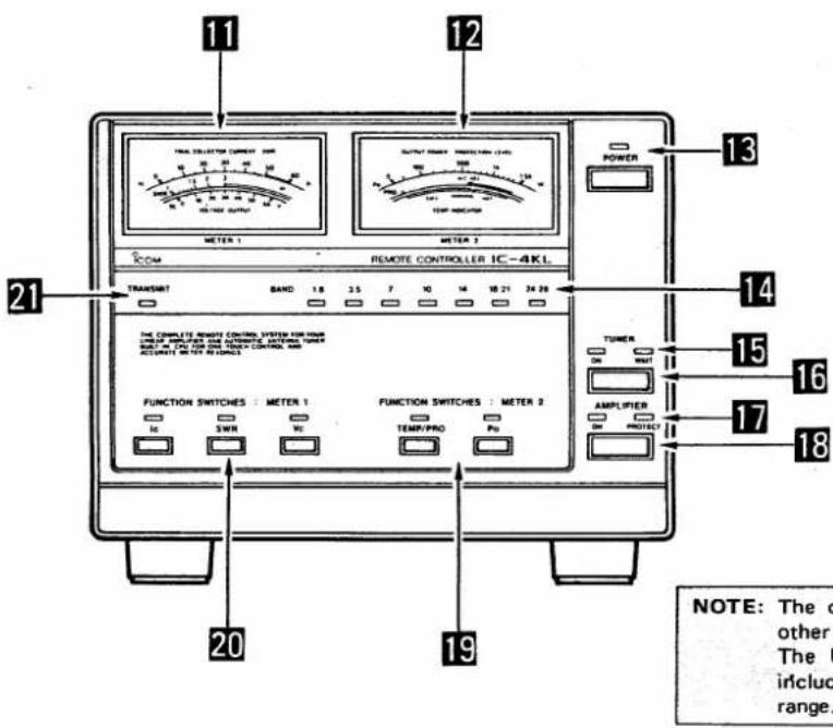 11 12 13 14 15 16 17 18 20 21 METER 1 METER 2 REMOTE CONTROLLER IC-4KL TRANSPORT BAND 1.8 3.5 7 10 14 18.21 24.28 THE COMPLETE REMOTE CONTROL SYSTEM FOR YOUR SWITCH, POWER OR POWERING, INVERTISING, TIMER ON THE FLOW ENGLISH CONTROL AND ACCEPT MEET SWITCH FUNCTION SWITCHES : METER 1 FUNCTION SWITCHES : METER 2 TEMP/PRO POWER TUNER AMPLIFIER NOTE: The other The U include range.