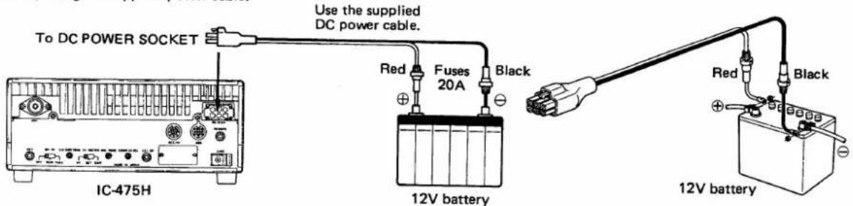 To DC POWER SOCKET Use the supplied DC power cable. Red Fuses 20A Black IC-475H 12V battery Red Black 12V battery
