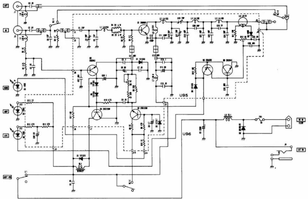 Electrical schematic diagram with labeled components including transistors, resistors, capacitors, and integrated circuits U95 and U96.