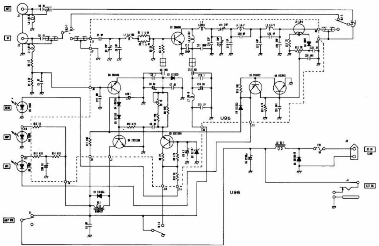 Electrical schematic diagram with labeled components including transistors, capacitors, resistors, and integrated circuits U95 and U96.