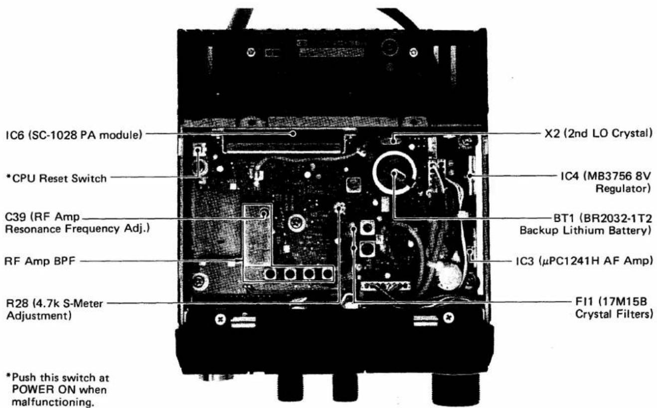IC6 (SC-1028 PA module) *CPU Reset Switch C39 (RF Amp Resonance Frequency Adj.) RF Amp BPF R28 (4.7k S-Meter Adjustment) *Push this switch at POWER ON when malfunctioning. X2 (2nd LO Crystal) IC4 (MB3756 8V Regulator) BT1 (BR2032-1T2 Backup Lithium Battery) IC3 (μPC1241H AF Amp) FI1 (17M15B Crystal Filters)