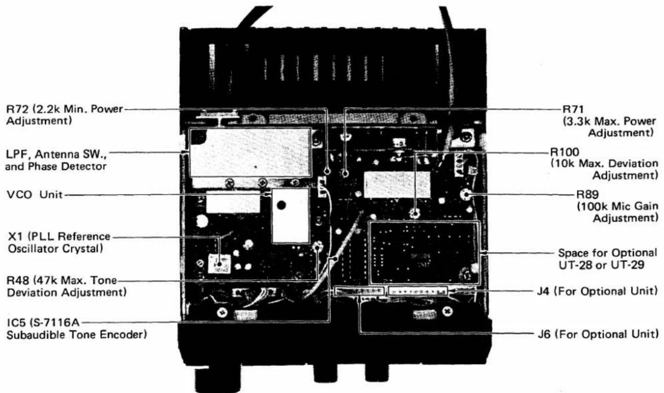R72 (2.2k Min. Power Adjustment) LPF, Antenna SW., and Phase Detector VCO Unit X1 (PLL Reference Oscillator Crystal) R48 (47k Max. Tone Deviation Adjustment) IC5 (S-7116A Subaudible Tone Encoder) R71 (3.3k Max. Power Adjustment) R100 (10k Max. Deviation Adjustment) R89 (100k Mic Gain Adjustment) Space for Optional UT-28 or UT-29 J4 (For Optional Unit) J6 (For Optional Unit)