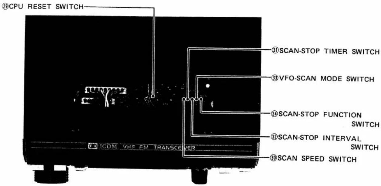②CPU RESET SWITCH ③SCAN-STOP TIMER SWITCH ③VFO-SCAN MODE SWITCH ④SCAN-STOP FUNCTION SWITCH ⑤SCAN-STOP INTERVAL SWITCH ⑥ICOM VHF FM TRANSCEVER ⑦SCAN SPEED SWITCH