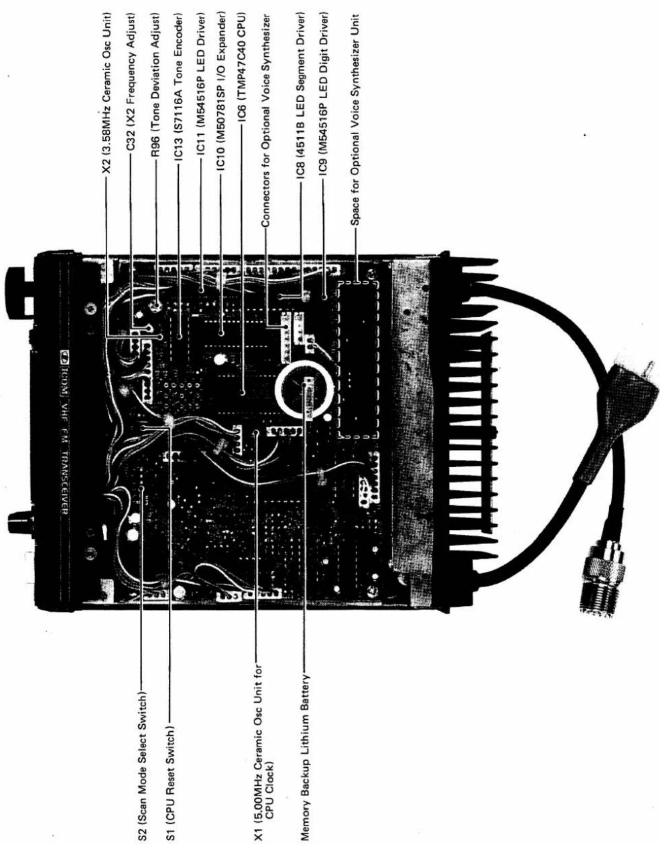 X2 (3.58MHz Ceramic Osc Unit) C32 (X2 Frequency Adjust) R96 (Tone Deviation Adjust) IC13 (S7116A Tone Encoder) IC11 (M54516P LED Driver) IC10 (M50781SP I/O Expander) IC6 (TMP47C40 CPU) Connectors for Optional Voice Synthesizer IC8 (4511B LED Segment Driver) IC9 (M54516P LED Digit Driver) Space for Optional Voice Synthesizer Unit S2 (Scan Mode Select Switch) S1 (CPU Reset Switch) X1 (5.00MHz Ceramic Osc Unit for CPU Clock) Memory Backup Lithium Battery