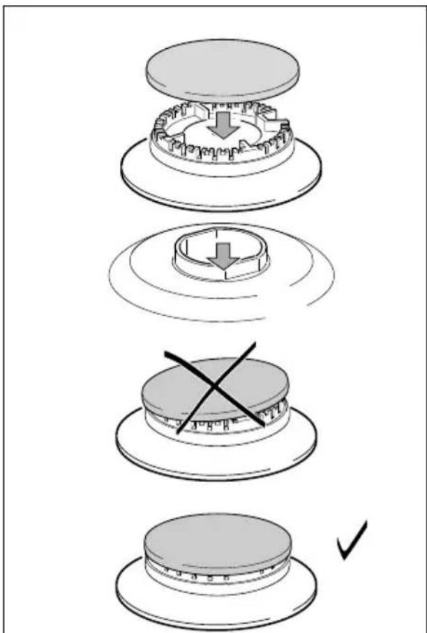 Diagram illustrating a mechanical assembly process with four steps: press, press, crosshair, and checkmark.