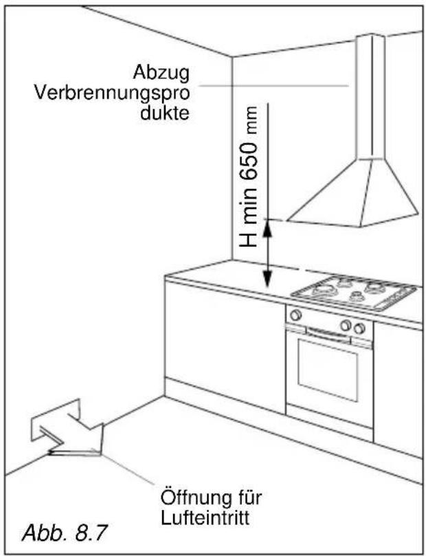 Abzug Verbrennungspro dukte H min 650 mm Öffnung für Lufteintritt Abb. 8.7