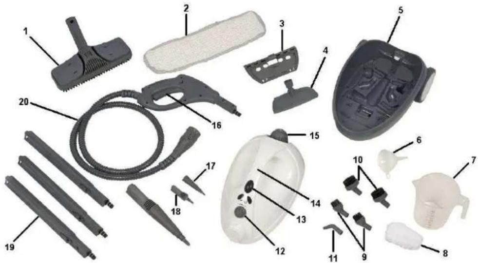 Exploded view diagram of a cleaning or spray cleaning device with numbered parts for identification