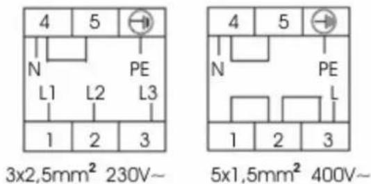 4 5 N PE L1 L2 L3 1 2 3 3x2,5mm² 230V~ 4 5 N PE L 1 2 3 5x1,5mm² 400V~