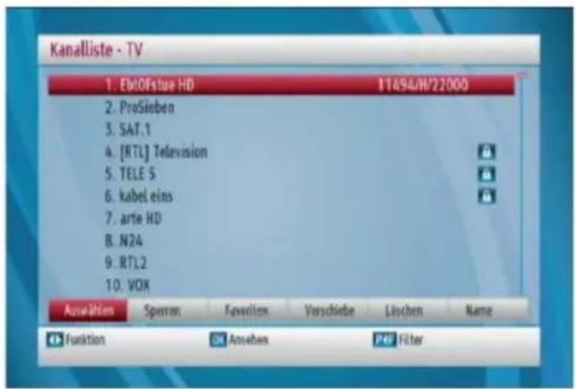 Kanalliste - TV 1. Ebt0Fstue HD 11494/H/22000 2. ProSieben 3. SAT.1 4. [RTL] Television 5. TELE S 6. kabel eins 7. arte HD 8. N24 9. RTL2 10. VOX Anzahlen Sprenn Faveriten Verschiebe Löschen Name ▶ Funktion ▶ Ansaben P45 Filter