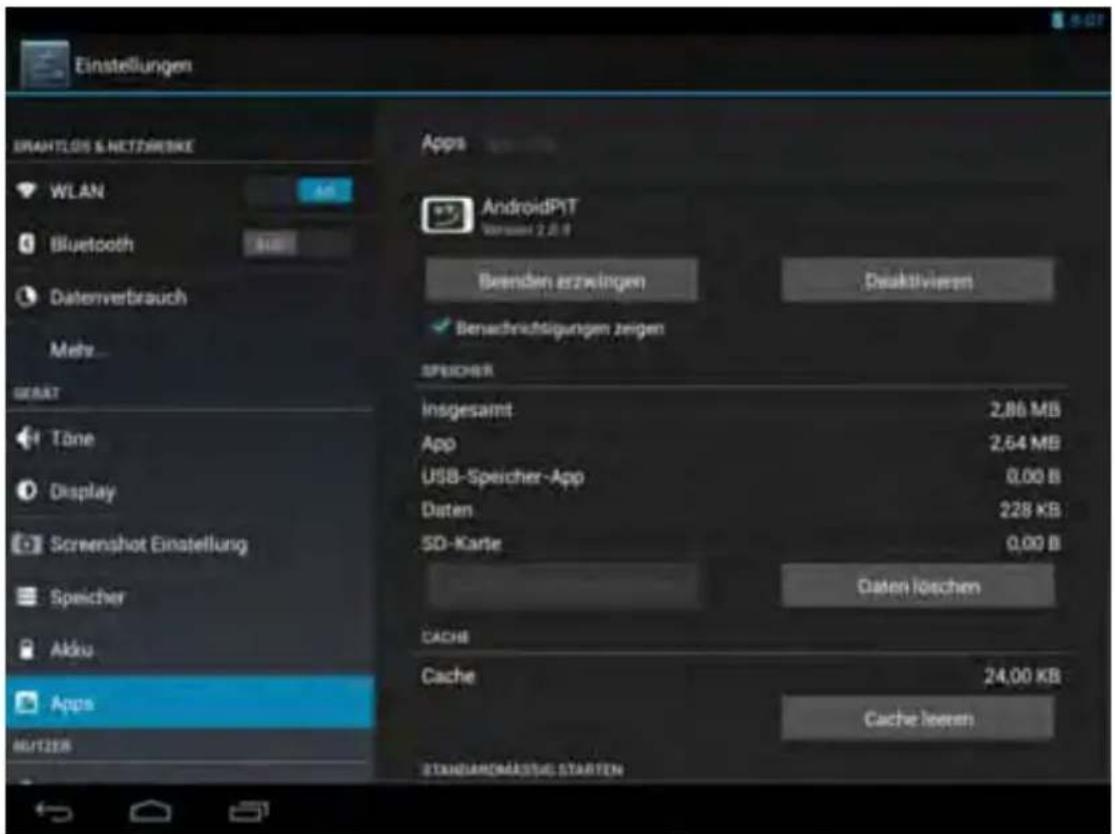 Einstellungen BHANTLOS & NETTRESIKE WLAN Bluetooth Datenverbrauch Mehe... GET Töne Display Screenshot Einstellung Speicher Akku Apps AUTIZEN Apps AndroidPIT Verkaart 2.0 GB Benden erzweigten Disktilvierten Benachrüttigungen zugen SPEICHER insgesamt 2,86 MB App 2,64 MB USB-Speicher-App 0,00 B Daten 228 KB SD-Karte 0,00 B Caten löschem CACHE Cache 24,00 KB Cache leeren STANDARDMASSAL STARTEN