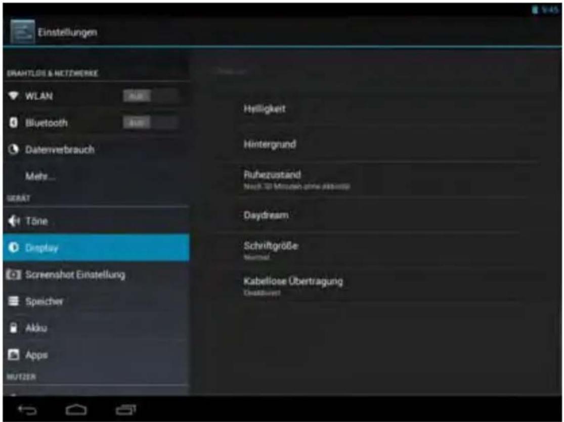 Einstellungen DRAHTLOS & NETZWERKE WLAN Bluetooth Datenverbrauch Mehr... GERAT Töne Display Screenshot Einstellung Speicher Akku Apps RUTZER Helligkeit Hintergrund Aufhezustand Neck 30 Minuten ohne aktente Daydream Schriftgröße Normal Kabellose Übertragung Übertragte