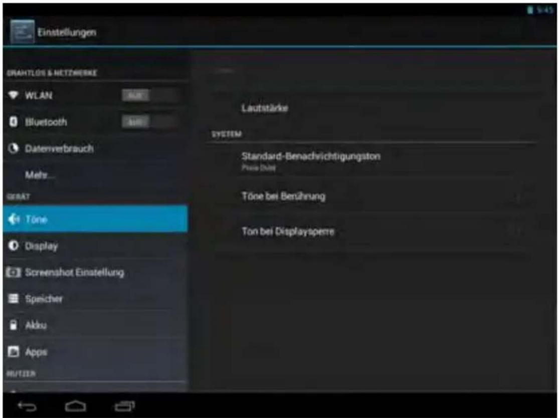 Einstellungen GRAHTLOS & NETZWERKE WLAN Bluetooth Datenverbrauch Mehr... GERAT Töne Display Screenshot Einstellung Speicher Akku Apps RUTZEN Laufstärke SYSTEM Standard-Benachvichtigungston Preise Dune Töne bei Benührung Ton bei Displayspere