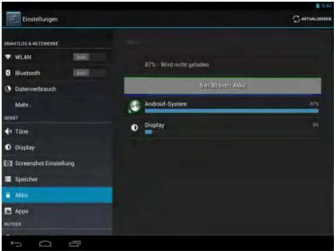 Einstellungen DRAHTLOS & NETZERBE WLAN Bluetooth Datenverbrauch Mehr... MERAT Töne Display Screenshot Einstellung Speicher Akka Apps RUTZEN 87% - Wind nicht geladen 5 m 30 s mit Akka Android-System 20% Display 0%