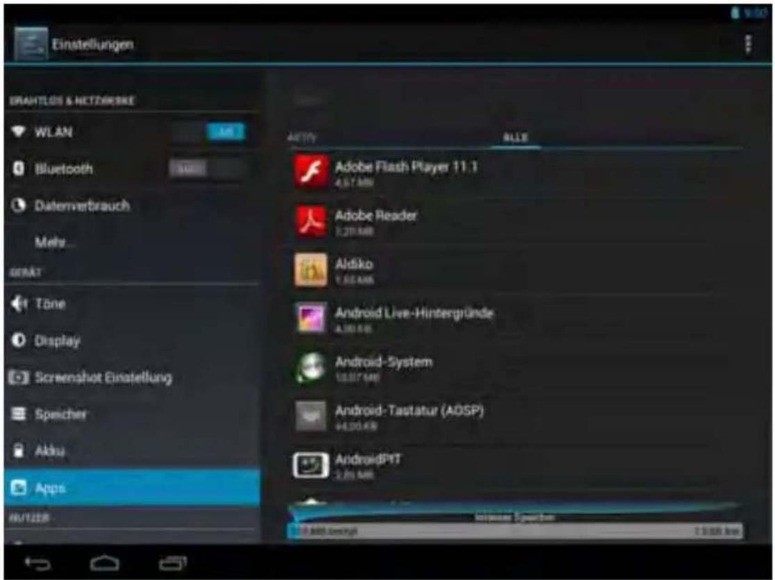 Einstellungen DRAHTLOS & NETZERBRE WLAN Bluetooth Datenverbrauch Meiz GERAT Töne Display Screenshot Einstellung Speicher Aktu Apps AUTOSER ADBE Flash Player 11.1 4,57 MW Adobe Reader 1,20 MW Aldiko 1,62 MW Android Live-Hintergründe 4,30 MW Android-System 18,317 MW Android-Tautatur (ADSP) 44,20 MW AndroidPIT 2.80 MW Institute Spenter © 2018 Stockholm 19:00 PM