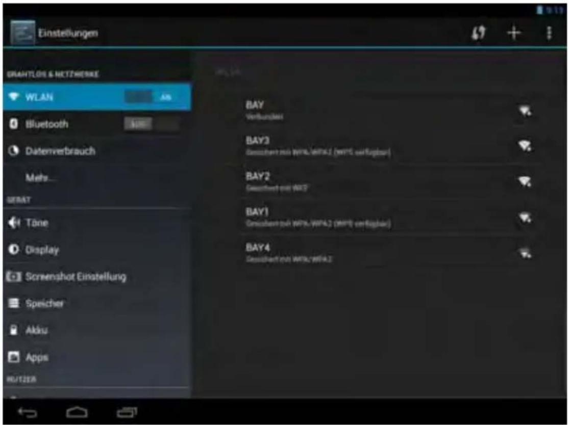 Einstellungen GRAHTLOS & NETZHENKE WLAN Bluetooth Datenverbrauch Meia... GERAT Töne Display Screenshot Einstellung Speicher Akku Apps RU123A BAY Verkurschen BAY3 Gesamt und WPA/WPA.2 (WPS verfügbar) BAY2 Gesamt und WPA BAY1 Gesamt und WPA/WPA.2 (WPS verfügbar) BAY4 Gesamt und WPA/WPA.2