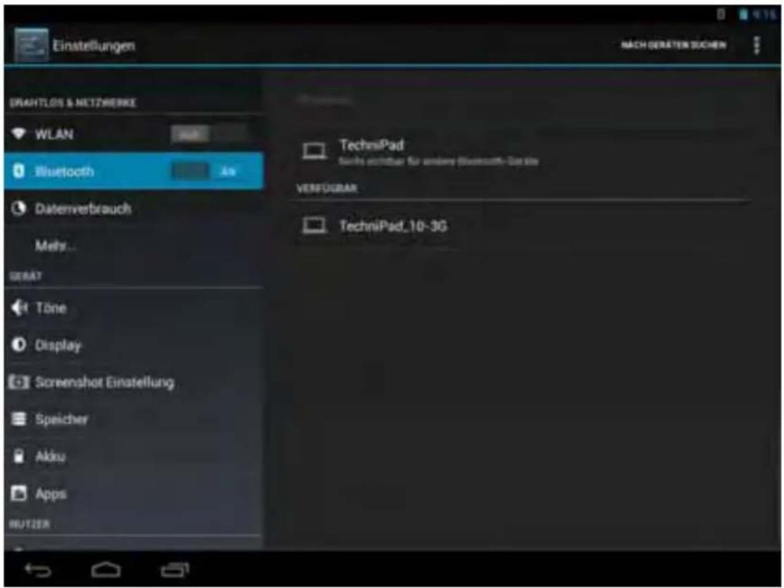 Einstellungen NACH DERATER DOCHEN DRAHTLOS & NETZWERKE WLAN Bluetooth An Datenverbrauch Mehr... GERÄT Töne Display- Screenshot Einstellung Speicher Akku Apps MU12ER TechniPad Sachs nichtbar für andere Bluetooth-Desite VERFÜGBAR TechniPad_10-3G