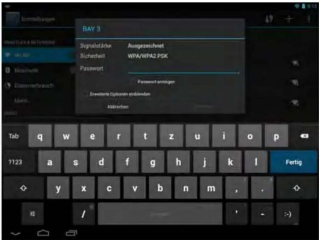 BAY 3 Signalstärke Ausgezeichnet Sicherheit WPA/WPA2 PSK Passwert Passwert anlagen Erweitere Options erblenden Abgaben Tab q w e r t z u i o p 7123 a s d f g h j k l Fertig y x c v b n m , .