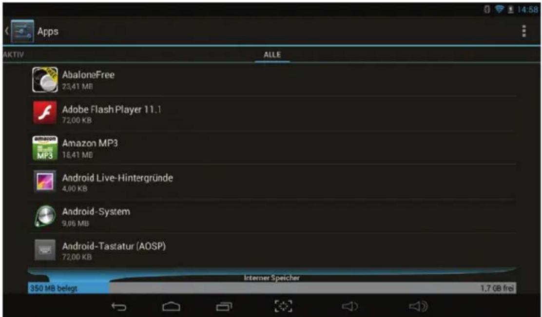 Apps AKTIV ALLE AbaloneFree 23,41 MB Adobe Flash Player 11.1 72,00 KB Amazon MP3 18,41 MB Android Live-Hintergründe 4,00 KB Android-System 9,06 MB Android-Tastatur (AOSP) 72,00 KB 350 MB befegt Internet Speicher 1,7 GB frei
