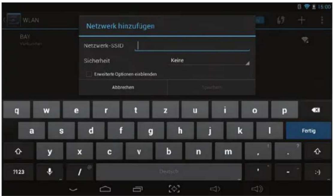 WLAN BAY Verkunden Netzwerk hinzufügen Netzwerk-SSID Sicherheit Keine Erweiterte Optionen einblenden Abbrechen Spachett q w e r t z u i o p a s d f g h j k l Fertig y x c v b n m ?123 / Deutschland