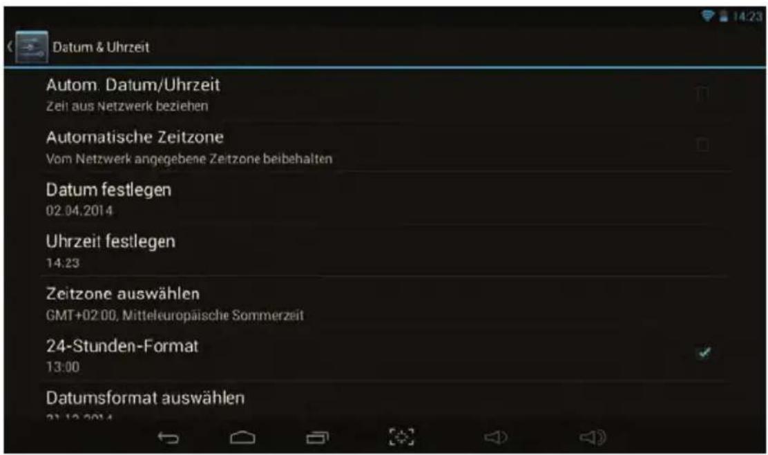 Datum & Uhrzeit Autom. Datum/Uhrzeit Zeit aus Netzwerk beziehen Automatische Zeitzone Vom Netzwerk angegebene Zeitzone beibehalten Datum festlegen 02.04.2014 Uhrzeit festlegen 14:23 Zeitzone auswählen GMT+02:00, Mitteleuropäische Sommerzeit 24-Stunden-Format 13:00 Datumsformat auswählen 21.12.2014