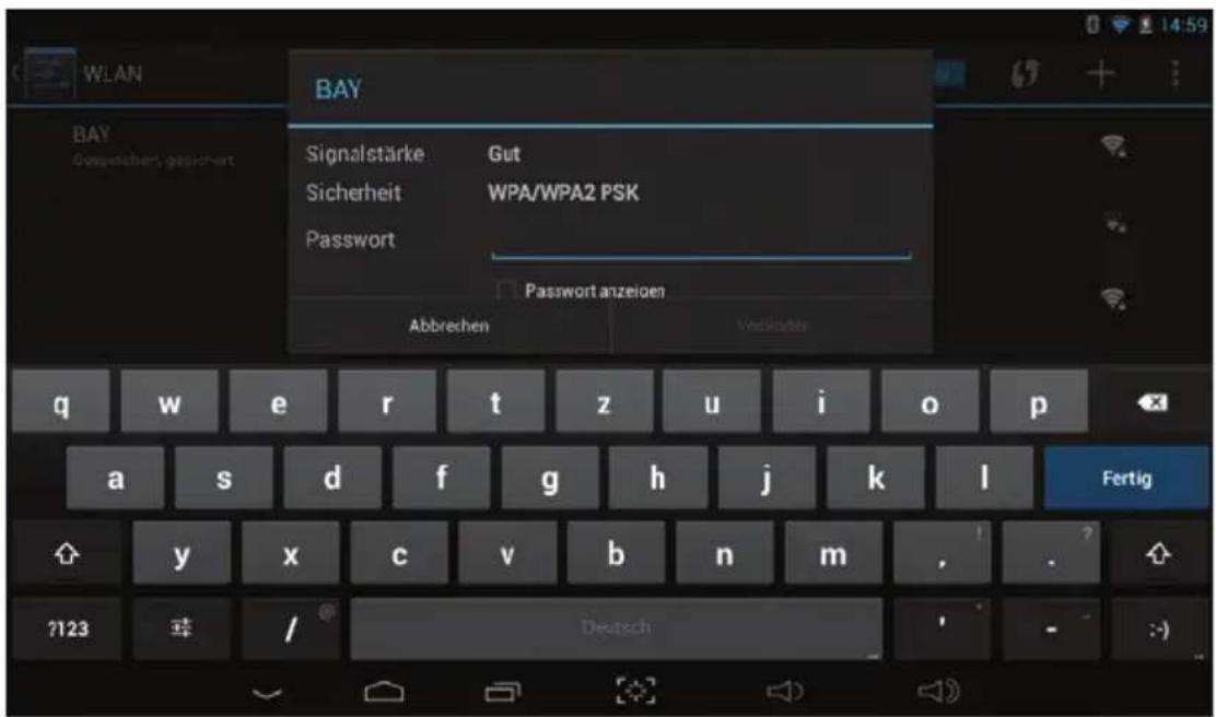 WLAN BAY Signalstärke Gut Sicherheit WPA/WPA2 PSK Password Password anzeigen Abbrechen Verbindete q w e r t z u i o p a s d f g h j k l Fertig y x c v b n m , ? ?123 / Deutschland