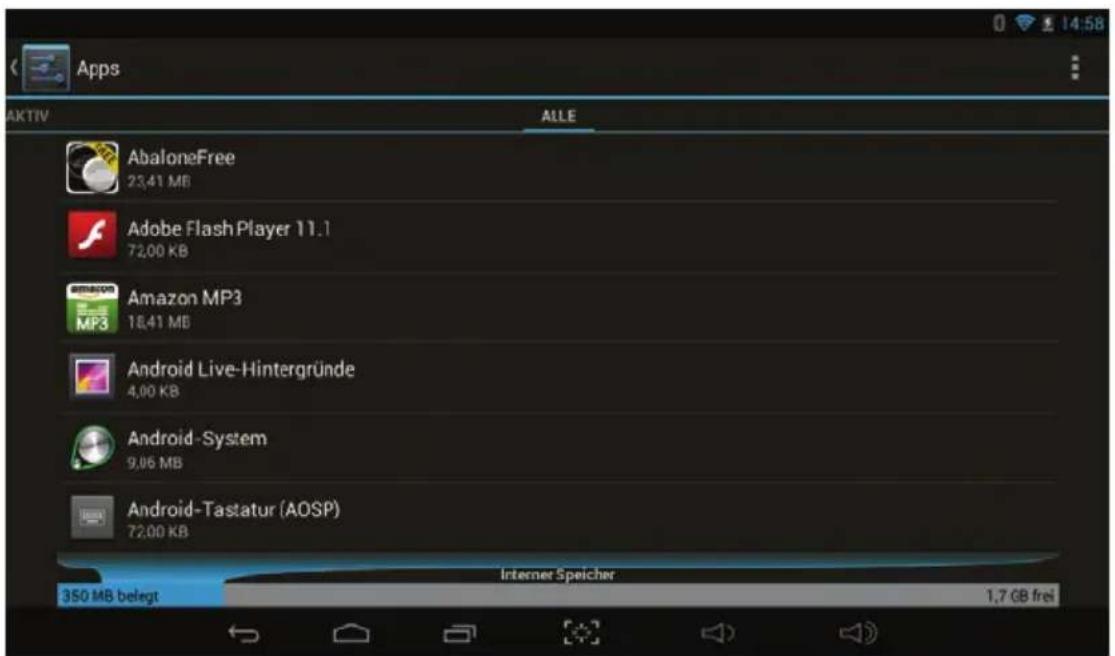 Apps AKTIV ALLE AbaloneFree 23,41 MB Adobe FlashPlayer 11.1 72,00 KB Amazon MP3 18,41 MB Android Live-Hintergründe 4,00 KB Android -System 9,06 MB Android-Tastatur (AOSP) 72,00 KB Internet Speicher 350 MB belegt 1,7 GB frei