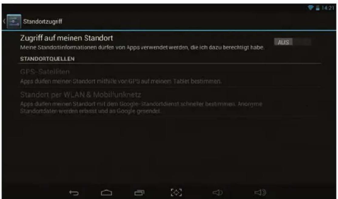Standortzugriff Zugriff auf meinen Standort Meine Standortinformationen dürfen von Apps verwendet werden, die ich dazu berechtigt habe. AUS STANDORTQUELLEN GPS-Satelliften Apps dürfen meinen Standort mithille von GPS auf meinen Tablet bestimmen. Standort per WLAN & Mobilfunknetz Apps dürfen meinen Standort mit dem Google-Standortdienst schneller bestimmen. Anonyme Standortdaten werden erfasst und an Google gesendet.