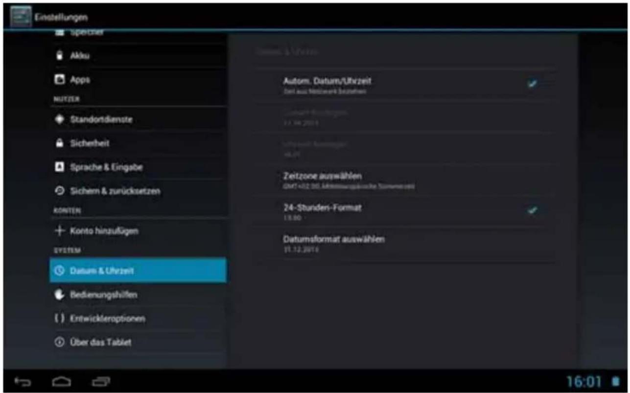 Einstellungen Spekner Aktu Apps NUTZER Standortdienste Sicherheit Sprache & Eingabe Sichern & zurücksetzen KONTER Konto hinzufügen SYSTEM Datum & Uhrzeit Bedienungshilfen Entwickleroptionen Über das Tablet Autom. Datum/Uhrzeit Zahl aus Netzwerk Betrieben Zeitzone auswählen GRT+02 90. Aktienungsrechte Zusammenhangs 24-Stunden-Format 13.80 Datumsformat auswählen 11.12.2016 16:01