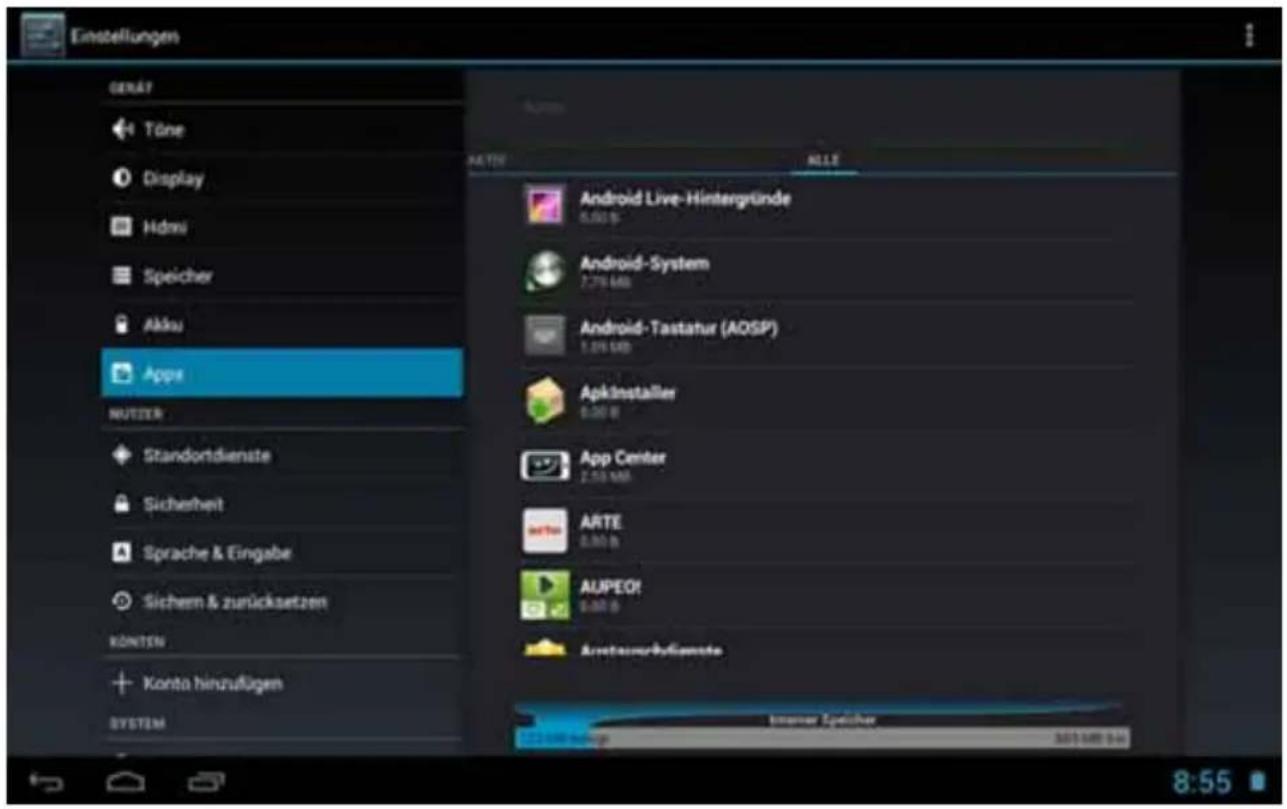 Einstellungen GERÄT Töne Display Hdmi Speicher Akku Apps NUTZER Standortdienste Sicherheit Sprache & Eingabe Sichern & zurücksetzen KÖNTEN Konta hinzufügen SYSTEM AUTEN ALLS Android Live-Hintergründe 0.00 B Android-System 7.79 MIB Android-Tastatur (AOSP) 1.26 MIB Apkinstaller 0.00 B App Center 2.53 MIB ARTE 0.00 B AUPEOT 0.00 B Anatzerholzernste Interner Spischer 8:55