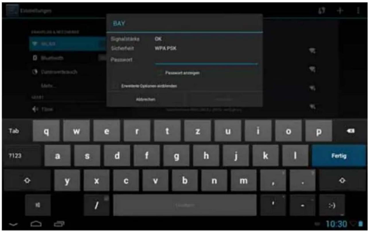 Dietestellungen Signalstärke OK Sicherheit WPA PSK Password Password anzogen Erweitere Optionen anstellenden Abgrenchen Tab q w e r t z u i o p 7123 a s d f g h j k l Fertig y x c v b n m , .