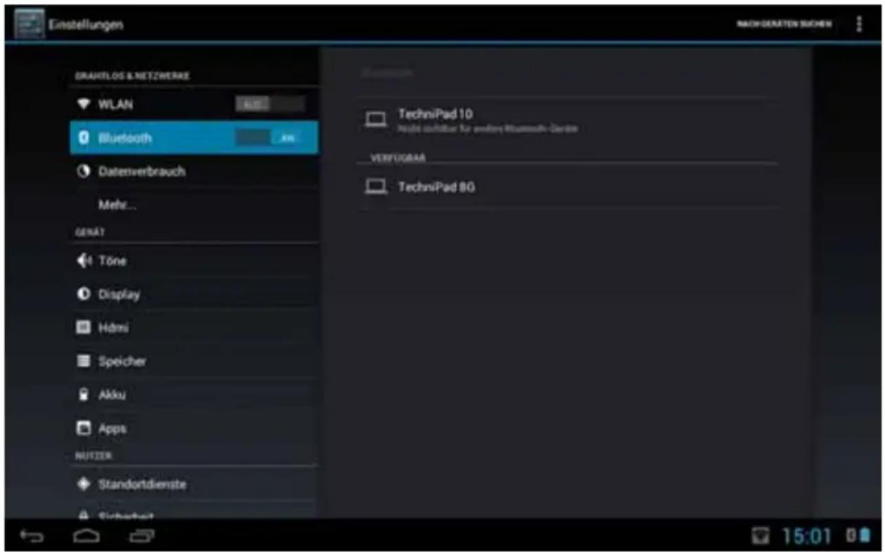 Einstellungen NACH DERÄTEN SUCHEN GRAVITLOS & NETZWERKE WLAN Bluetooth Datenverbrauch Mehr... GERÄT Töne Display Hämi Speicher Akku Apps NUTZER Standortdienste Sicherheit TechniPad 10 Rückte eröffender für anderen Bluetooth-Garden VERFÜGARIA TechniPad 80 15:01