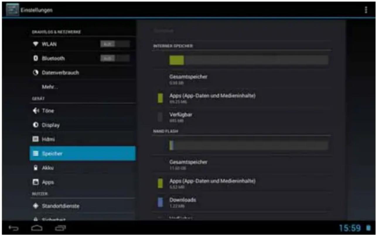 Einstellungen GRAFELLOS & NETZWERKE WLAN Bluetooth Datenverbrauch Mehr... GKAT Töne Display Hämi Speicher Aktual Apps NUTZER Standortdienste Sichkerat INTERNER SPEICHER Gesamtspeicher 0.36 MB Apps (App-Daten und Medieninhalte) 89.25 MB Verfügbar 883 MB NAND FLASH Gesamtspeicher 11.60-06 Apps (App-Daten und Medieninhalte) 6.52 MB Downloads 1.22 MB 15:59