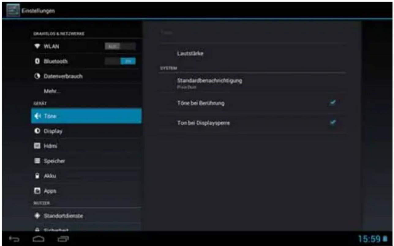 Einstellungen DRAHITLOS & NETZWERKE WLAN Bluetooth Datenverbrauch Mehr... GENAT Töne Display HDMI Speicher Akku Apps NUTTER Standortdienste Sicherheit Lautstärke SYSTEM Standardbenachrichtigung Phase Dutt Töne bei Berührung Ton bei Displaysperre 15:59