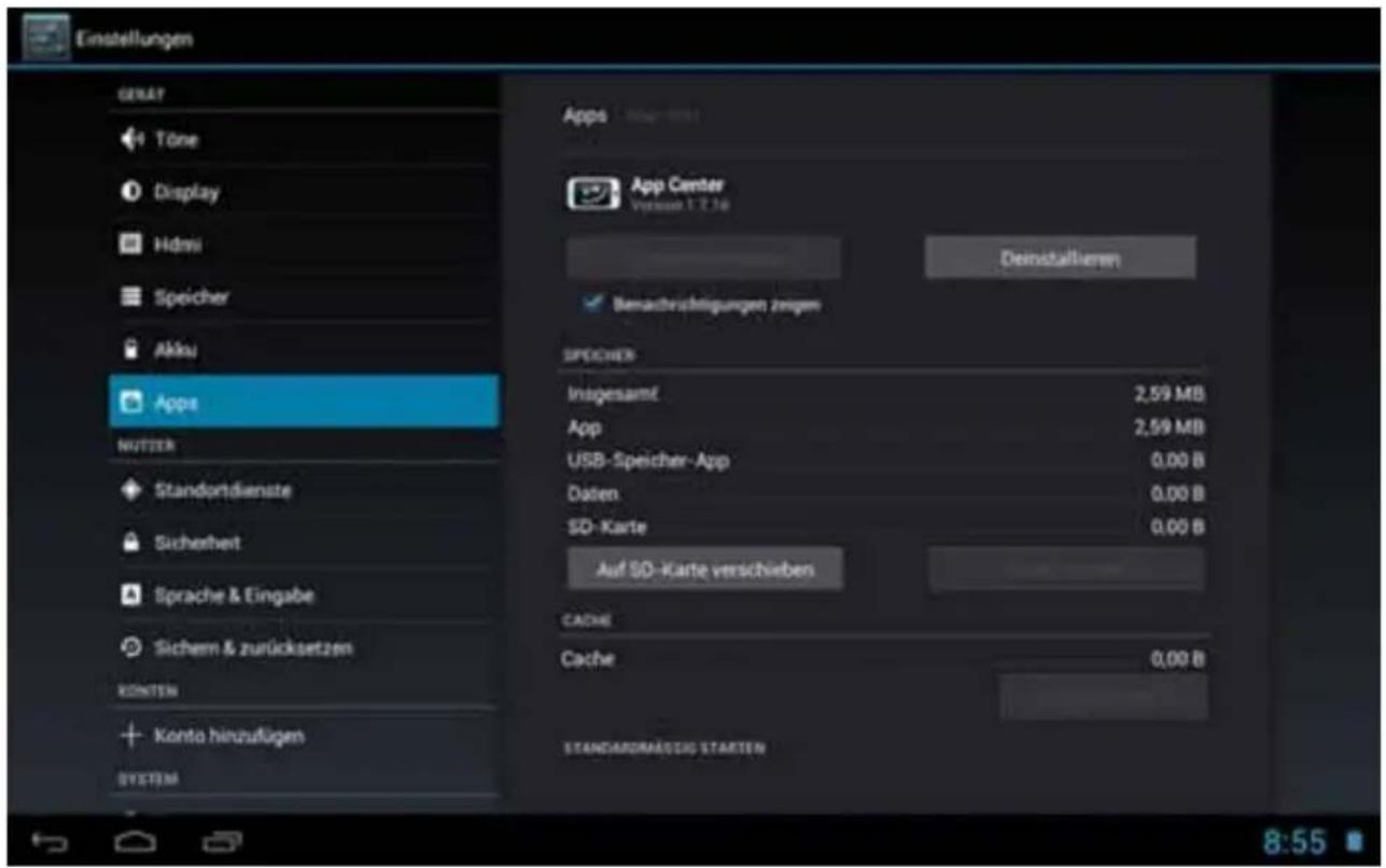 Einstellungen GRAT Töne Display Hdmi Speicher Akku Apps NUTTER Standortdienste Sicherheit Sprache & Eingabe Sichem & zurücksetzen KONTEN Konto hirzuflügen SYSTEM Apps App Center Verkaat 1.2.36 Deinstallieren Benachrichtigungen zugen SPECHER Insgesamt 2,59 MB App 2,59 MB USB-Speicher-App 0,00 B Daten 0,00 B SD-Karte 0,00 B Auf SD-Karte verschieben CACHE Cache 0,00 B STANDARDMASSIG STARTEN 8:55