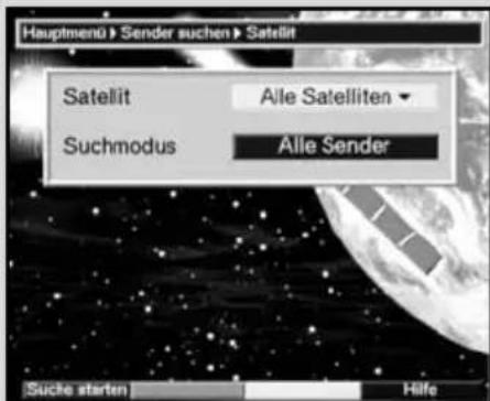 Hauptmenü > Sender suchen > Satellit Satellit Aile Satelliten Suchmodus Alle Sender Suie starten Hilfe