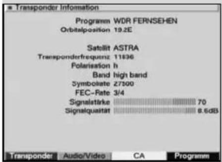 Transponder Information Programm WDR FERNSEHEN Orbitalposition 19.2E Satellit ASTRA Transponderfrequenz 11696 Polarisation h Band high band Symbolate 27500 FEC-Rate 3/4 Signalstärke 70 Signalquitat 8.6dB Transponder Audio/Video CA Programm