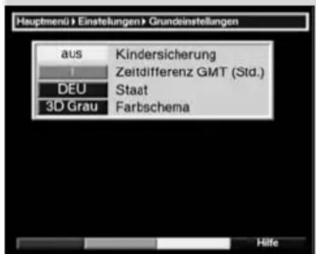 Hauptmenü > Einstellungen > Grundeinstellungen aus Kindersicherung 1 Zeitdifferenz GMT (Std.) DEU Staat 3D Grau Farbschema Hilfe