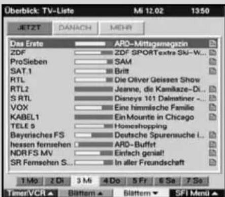 Überblick: TV-Liste Mi 12.02 13:50 JETZT DANACH MOHR Das Erste ARO-Mittagsmagazin ZDF ZDF SPORTextra SKI-W... ProSieben SAM SAT.1 Britt RTL Die Oliver Geisses Show RTL2 Jeanne, die Kamikaze-Di... S RTL Disneys 101 Dalmatiner ... VOX Eine himmische Familie KABEL1 Ein Mounte in Chicago TELE 5 Homeshopping Bayerisches FS Deutsche Spurensuche I... hessen fernsehen ARD-Buffet NDRFS MV Einfach genial! SR Fernsehen S... In aller Freundschaft 1 Mo 2 Di 3 Mi 4 Do 5 Fr 6 Sa 7 So TemenVCH Blatttem Blatttem SFI Menu