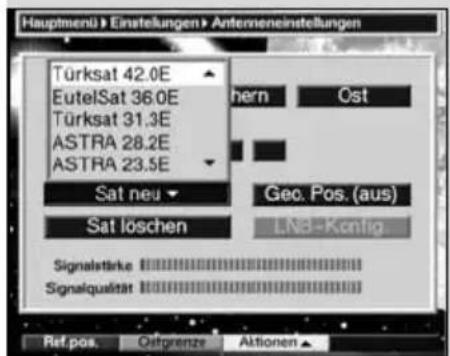 Hauptmenü > Einstellungen > Antemeneinstellungen Türksat 42.0E EutelSat 36.0E Türksat 31.3E ASTRA 28.2E ASTRA 23.5E Sat neu Sat löschen Gec. Pos. (aus) LND-Konfig Signalstärke Signalqualität Ref. pos. Oitprenze Aktionen