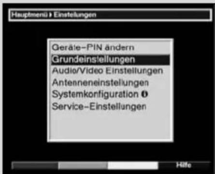 Hauptmenü > Einstellungen Geräte-PIN ändern Grundeinstellungen Audio/Video Einstellungen Antenneneinstellungen Systemkonfiguration ① Service-Einstellungen Hilfe