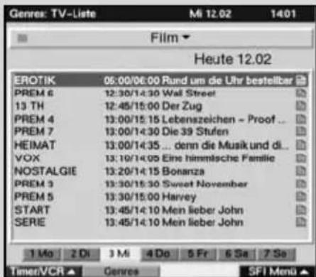 Genre: TV-Liste Film Heute 12.02 EROTIK 06:00/06:00 Rund um die Uhr bestellber PREM 6 12:30/14:30 Wall Street 13 TH 12:45/15:00 Der Zug PREM 4 13:00/15:15 Lebenszeichen - Proof ... PREM 7 13:00/14:30 Die 39 Stufen HEIMAT 13:00/14:35 ... denn die Musik und di... VOX 13:10/14:09 Eine himmische Familie NOSTALGIE 13:20/14:15 Bonanza PREM 3 13:30/15:30 Sweet November PREM 5 13:30/15:00 Harvey START 13:45/14:10 Men lieber John SERIE 13:45/14:10 Men lieber John 1 Mo 2 Di 3 Mi 4 Do 5 Fr 6 Sa 7 So TimerVCR Genres SIFI Menu