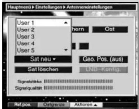 Hauptmenü Einstellungen Antenneneinstellungen User 1 User 2 User 3 User 4 User 5 Set neu Sat löschen Geo. Pos. (aus) UNB-Konfig. Signalstätke Signalqualität Ref.pos. Ostgrenze Aktionen