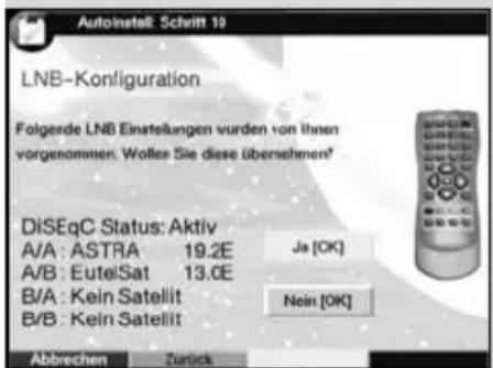 Autoinstalt: Schrift 10 LNB-Konliguration Folgerde LNB Einstellungen wurden von ihnen vorgenommen. Wollen Sie diese übernehmen? DISEqC Status: Aktiv A/A : ASTRA 19.2E Ja [OK] A/B : EutelSat 13.0E B/A : Kein Satellit Nein [OK] B/B : Kein Satellit Abbrechen Zurück