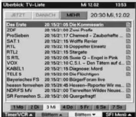 Überblick: TV-Liste Mi 12.02 1353 JETZT DANACH MEHR 20:30 Mi, 12.02 Das Erste 20:15/21:05 Die Kommissarin ZDF 20:15/21:00 Zwei Profe ProSieben 20:16/21:17 Charmed - Zauberhafte ... SAT.1 20:15/21:15 Wolffs Revier RTL 20:15/22:15 Doppelter Einsatz RTL2 20:15/21:15 Stargate S RTL 20:15/22:05 Susie Q - Engel in Pink VOX 20:15/21:10 C.S.I. - Den Tättem auf d... KABEL1 20:15/21:15 Diagnose: Mord TELE 5 20:15/22:00 Die Flüchtigen Bayerisches FS 20:15/21:00 BürgerForum live heason femsehen 20:15/28:45 Hessen-Reporter Wir ma... NDRFS MV 20:15/21:00 Tierwelten Wildes Neuse... SR Fernsehen S... 20:15/21:00 Quergefragt! 1 Mo 2 Di 3 Mi 4 Do 5 Fr 6 Sa 7 So TemenVCR Blatttem Blatttem SFI Menu