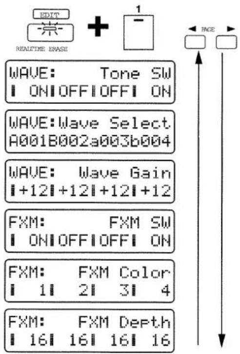 EDIT 常 + 1 REALTIME: ERASE WAVE: Tone SW ON OFF OFF ON WAVE: Wave Select A001B002a003b004 WAVE: Wave Gain +12+12+12+12 FXM: FXM SW ON OFF OFF ON FXM: FXM Color 1 2 3 4 FXM: FXM Depth 16 16 16 16 INCE